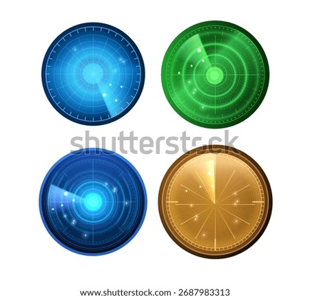 Realistic digital different colors HUD radar display with targets in action. Military search system blip vector illustrations set. Navigation scanning interface. Navy or air sonar in searching