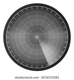 Realistische digitale graue HUD-Radaranzeige bei der Suche. Marine- oder Luftsonar. Dashboard für Vektorabtastung. Militärisches Entdeckungs- und Detektionssystem. Navigationsschnittstelle. Rasterkreis-Überwachungsgerät