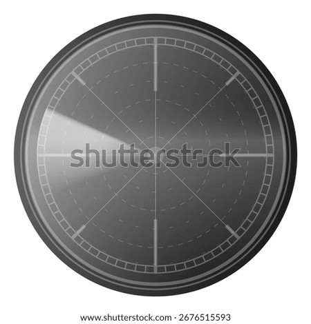Realistic digital gray HUD radar display in searching. Navy or air sonar. Military discovering and detection system. Navigation interface. Signal control grid circle monitor. Vector scanning dashboard