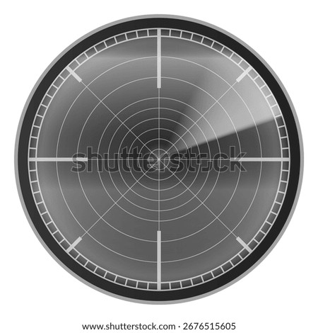 Realistic digital gray HUD radar display in searching. Military detection system vector illustration. Navigation interface. Navy or air sonar. Signal control circle grid monitor, scanning dashboard