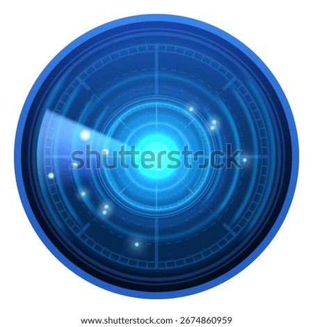 Realistic digital HUD radar blue display with targets. Vector military detection system. Navigation scanning interface. Navy or air sonar blip in searching. Glow radial dashboard. Echo sounder