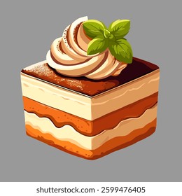A realistic digital illustration of a delicious tiramisu cake with layers of coffee-soaked sponge, creamy mascarpone, and cocoa powder topping, garnished with fresh mint leaves. Perfect for food-relat