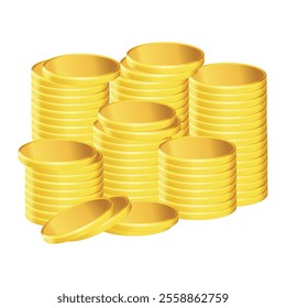 A realistic digital illustration of stacked shiny gold coins. Suitable for financial concepts, wealth, savings, gaming, and business visuals.