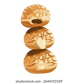 Ilustração digital realista de três doces choux com diferentes recheios cremosos, incluindo chocolate e manteiga, retratada com texturas douradas rachadas. Perfeito para menus de padaria, sobremesa-o