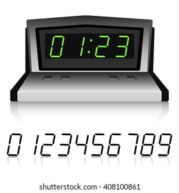 Realistic digital metallic watch with set of luminous numbers on white background.