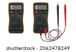 Realistic digital multimeter with set of probes. Instrument for measuring voltage, current, resistance. Vector illustration.