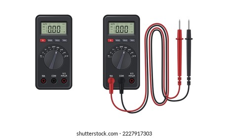 Realistisches digitales Multimeter mit einer Reihe von Sonden. Vektorgrafik.