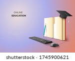 realistic Digital Online concept. Education Application learning on gradient website background. decor by book lecture pencil  computer mouse keyboard Graduation hat. 3D vector Illustration copy space