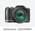 Realistic digital photo camera isolated on white background. Professional photography equipment for street or studio pictures with dslr technology. 3d vector illustration