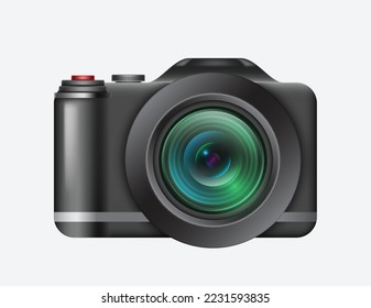 Realistic digital photo camera isolated on white background. Professional photography equipment for street or studio pictures with dslr technology. 3d vector illustration