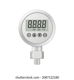 Realistic digital pressure gauge with fitting isolated on white background. Pressure measuring instrument. Vector illustration.
