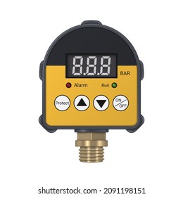 Realistic digital pressure switch with brass fitting isolated on white background. Pressure measurement and control device. Vector illustration.