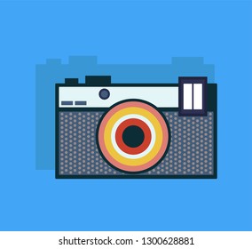 Realistic Digital Retro Camera on Blue  Background. Concept device. Vector Illustration. EPS 10.