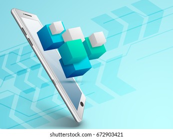Tablet digital realista com cubos abstratos 3D, conceito de tecnologia empresarial.