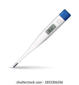 Termómetro digital realista. Termómetro electrónico seguro con temperatura normal de 36,6. Herramienta para medir el calor corporal. Ilustración del vector