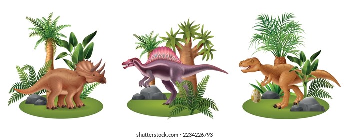 Realistic dinosaur compositions set with triceratops tyrannosaurus and spinosaurus and tropical plants isolated vector illustration