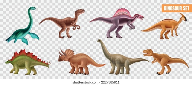 Realistische Dinosaurier-Set mit Triceratops spinosaurus stegosaurus branchiosaurus tyrannosaurus einzeln auf transparentem Hintergrund, Vektorgrafik