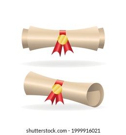 Realistic diploma scroll. 3D Rolled diploma scroll with stamp and red ribbon. Different views of rolled diplomas. Finish education concept. Graduation diploma illustrations. Vintage scroll papers. 