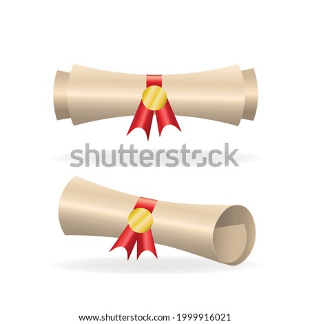 Realistic diploma scroll. 3D Rolled diploma scroll with stamp and red ribbon. Different views of rolled diplomas. Finish education concept. Graduation diploma illustrations. Vintage scroll papers. 