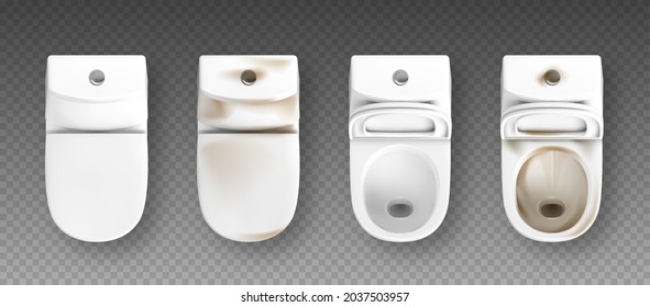 Realistic dirty and clean toilets isolated on transparent background. 
Top view clean and dirty white ceramic toilets.