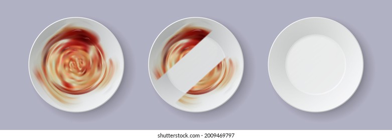 Realistic Dirty Dish. Process Of Cleaning Dinner Plate With Dishwashing Soap. 3d Dishes With Food Leftovers And Clean Stripe Vector Template. Illustration Utensil Mess In Sauce, Meal After Dining