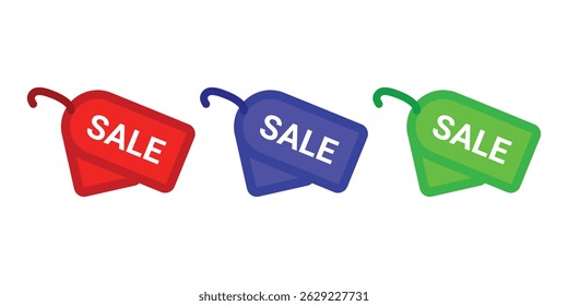 Realistic discount red blue and green leather tag for sale promotion. Vector label template.