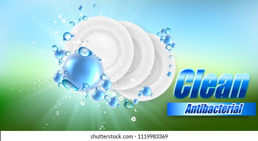 Realistic Dish on beautiful colored background and soap bubbles, dish wash illustration , template for design.