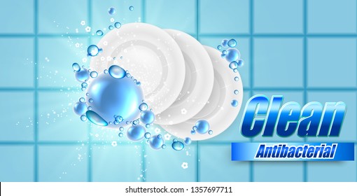 Realistic Dish and plate on beautiful colored background and soap bubbles, dish wash illustration , template for design.