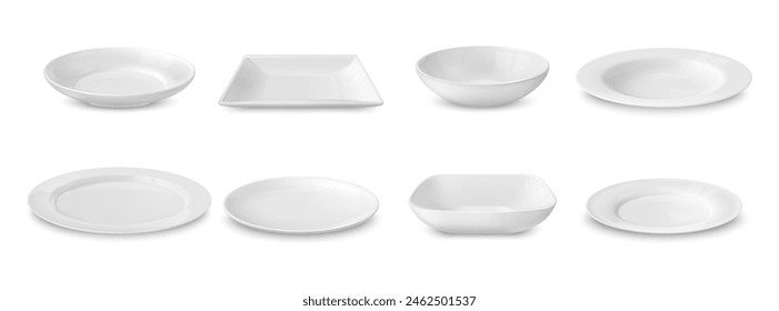 Realistic dish plates. 3d vector white dishware with round and square shapes. Mockups of deep and shallow bowls for dining setting. Ceramic tableware, crockery, porcelain dinnerware isolated set