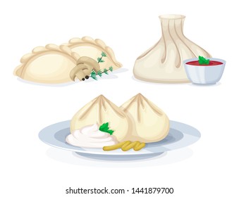 Realistic dishes from meat and dough food, traditional tasty food mantas khinkali vareniki. European, Asian national cuisine manty khinkali vareniki isolated icons vector illustration