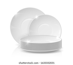 Realistic dishes. Stack of plates and bowls, 3D white ceramic crockery, dishware mockup isolated on white. Vector illustration stacked kitchen tableware for restaurant serving