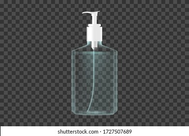 Realistic dispenser bottle. Hand sanitizer with luquid soap. Hand wash gel. Realistic 3D vector illustration isolated on transparent background.