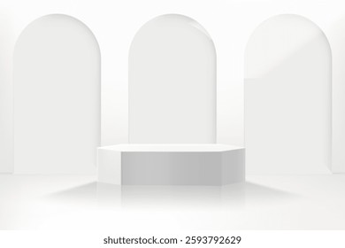Realistic display with podium. 3d style vector illustration for pruduct design
