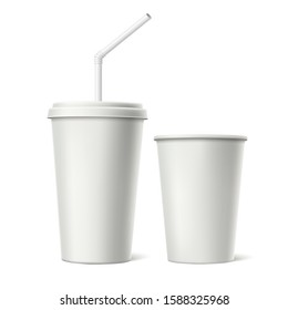 Realistic disposable cup with lid and straw. Blank paper cup white mockup. Coffee, tea or hot takeaway beverage cardboard container. Vector cafe recycable glass.