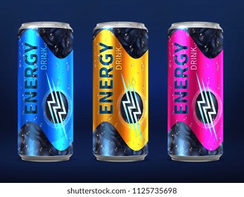 Realistic disposable energy drink cans in different colors of design vector template isolated on white background. Beverage cold in metallic bank illustration