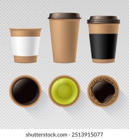 Realistic disposable paper and plastic coffee cup side view and coffee cup top view with espresso, tea, matcha tea, black coffee, green tea, americano. Mockup template for product design.