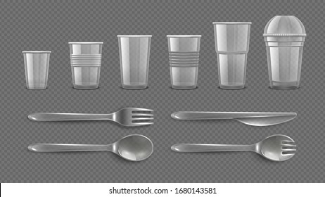 Realistic disposable tableware. Plastic take away glasses and cutleries. Isolated mugs for juices and freshes, spoon, fork and knife vector elements