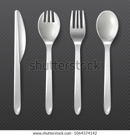 Realistic disposable white plastic spoon, fork and knife vector isolated cutlery. Illustration of plastic tool for dining, tableware knife fork and spoon