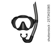 Realistic diving mask and snorkel tube black set 3d vector objects front view isolated on white, equipments for underwater adventures, snorkeling, and scuba diving, marine exploration.