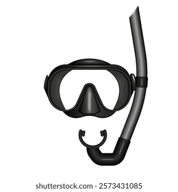 Realistic diving mask and snorkel tube black set 3d vector objects front view isolated on white, equipments for underwater adventures, snorkeling, and scuba diving, marine exploration.