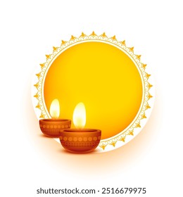 diwali diya realista em quadro decorativo amarelo com vetor de espaço de texto 