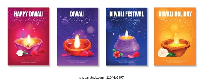 Realistic diwali poster set with traditional holiday lamps isolated vector illustration