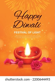 Realistic Diwali poster with traditional lamp and flowers vector illustration