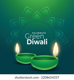 realistic diya design for green diwali greeting background 