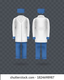 Realistic doctor coat kit clothes. Doctor medical laboratory clothes, hat, robe, trousers. Empty lab uniform, hospital professional suit on transparent background isolated mockup vector