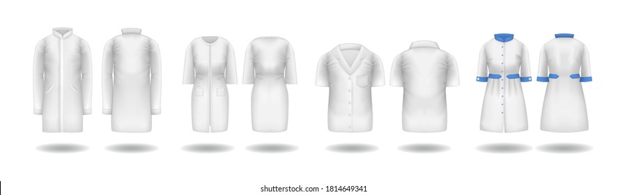 Realistic doctor coat mock up. Empty lab uniform, doctor medical laboratory clothes, hospital professional suit, blouse, nursing uniform, hat on transparent background isolated mockup vector