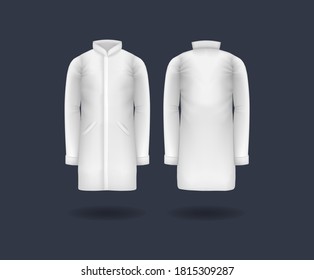 Realistic doctor coat mock up. White male medical gown, lab uniform, doctor medical laboratory clothes, hospital professional suit, on transparent background isolated mockup vector