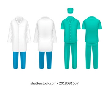 Realistic doctor suit. Nurse doctors uniforms, isolated clinic surgery clothes. Science lab coat, research shirt and pants vector set