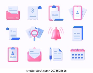 Realistic documents icon. 3D plastic contract form and paper check list. Work documentation files. Envelope or calendar signs. Ringing bell. Clipboard and folder. Vector doc symbols set