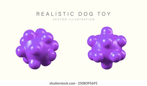 Realistic dog toy in different positions. Purple massage ball. Rubber object